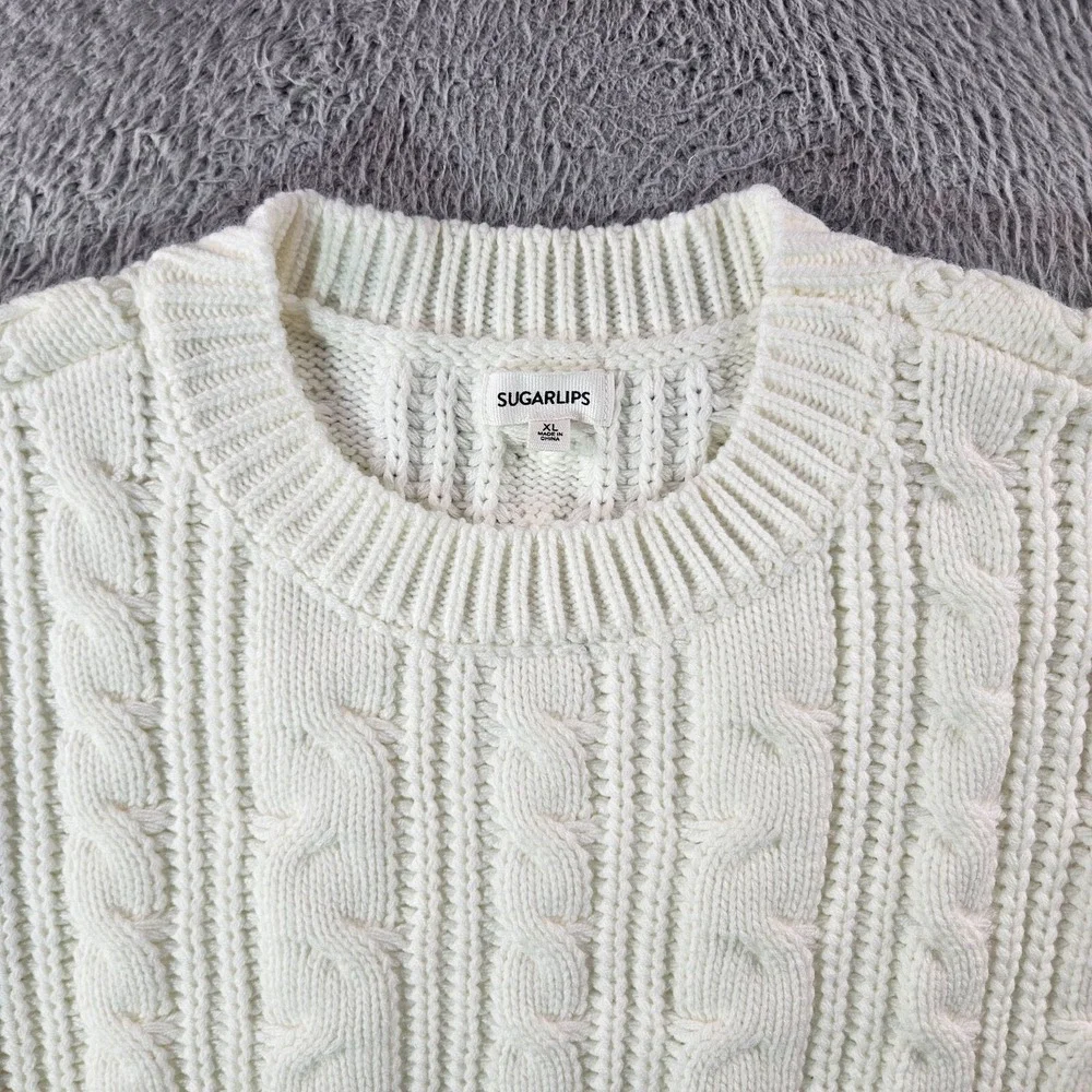 NWOT Sugarlips Sweater Women‎ XL Crew Neck Cable Knit White Preppy